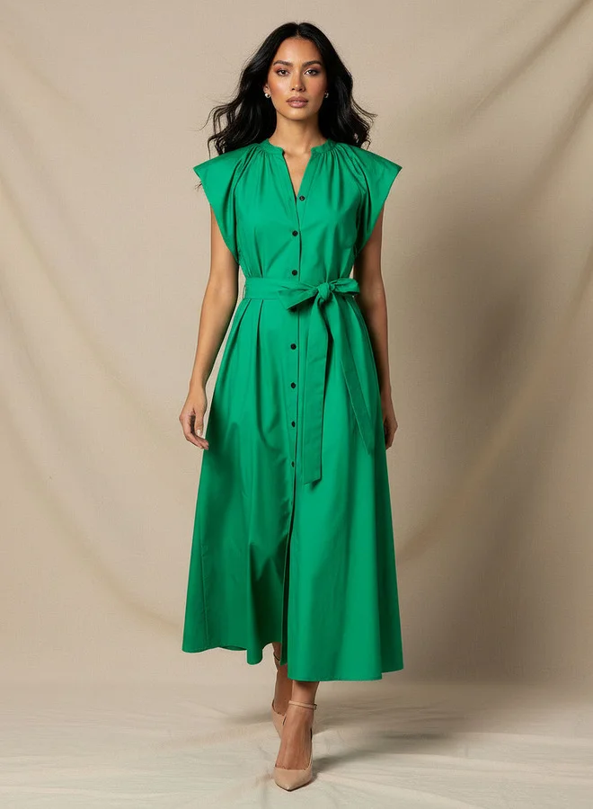 ايكونيك Iconic Plain A-line Women Dress with Tie-Up Belt